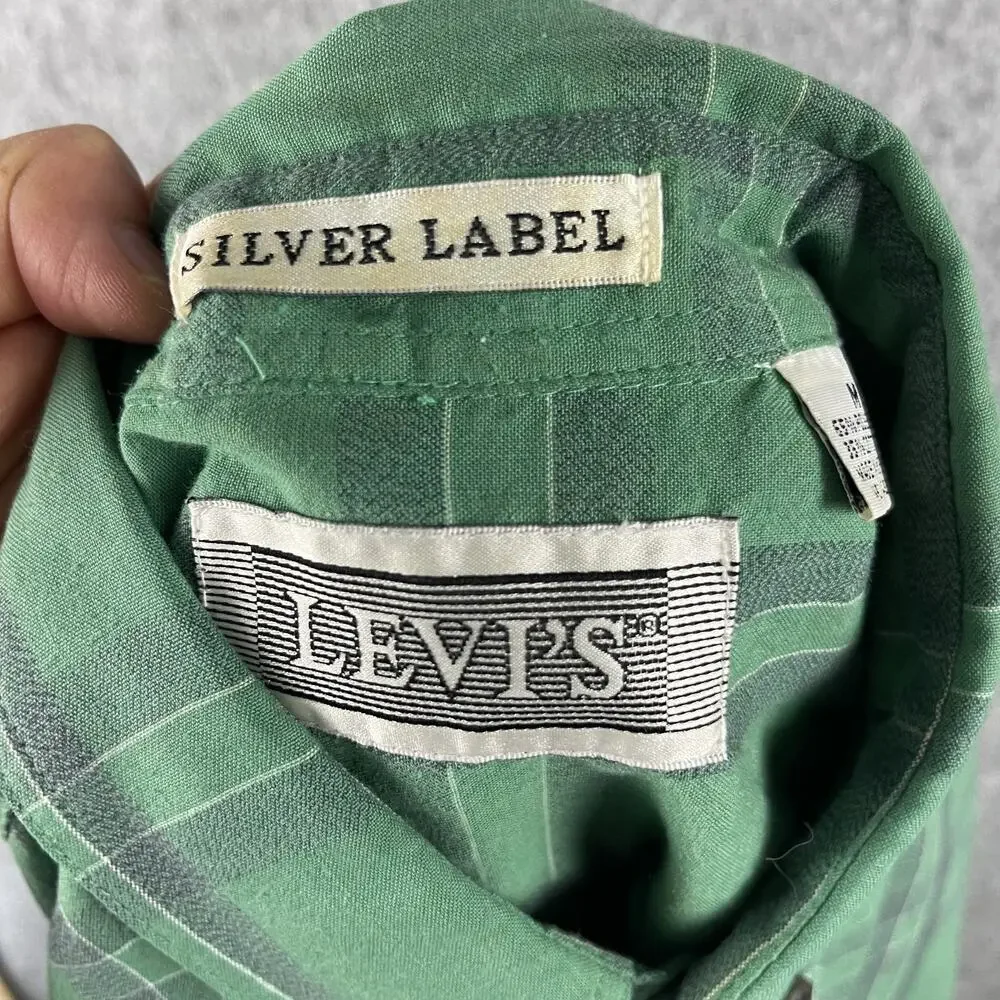 Vintage‎ Levis Silver Label Shirt Mens Medium Green Plaid Long Sleeve Pockets